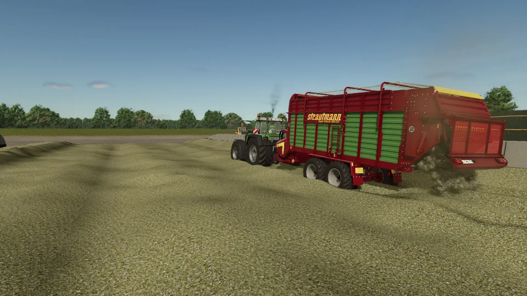 FS25 mod Strautmann SuperVitesse 3DO v1.0.0.2 attached to a tractor on a field.