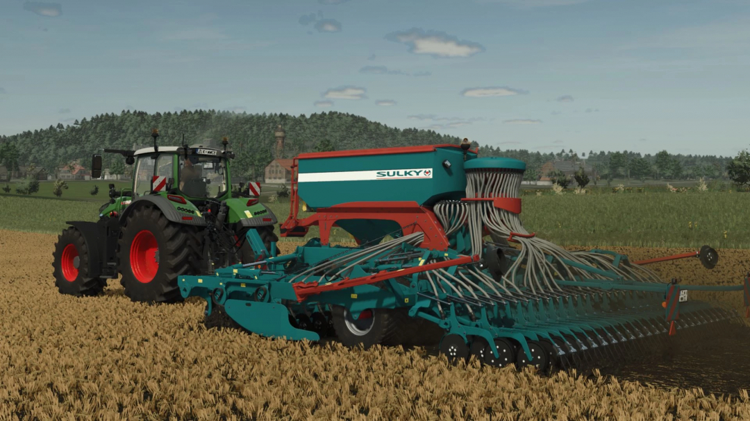 Sulky PVL mod in Farming Simulator 25 with tractor in field, showcasing FS25 mods.