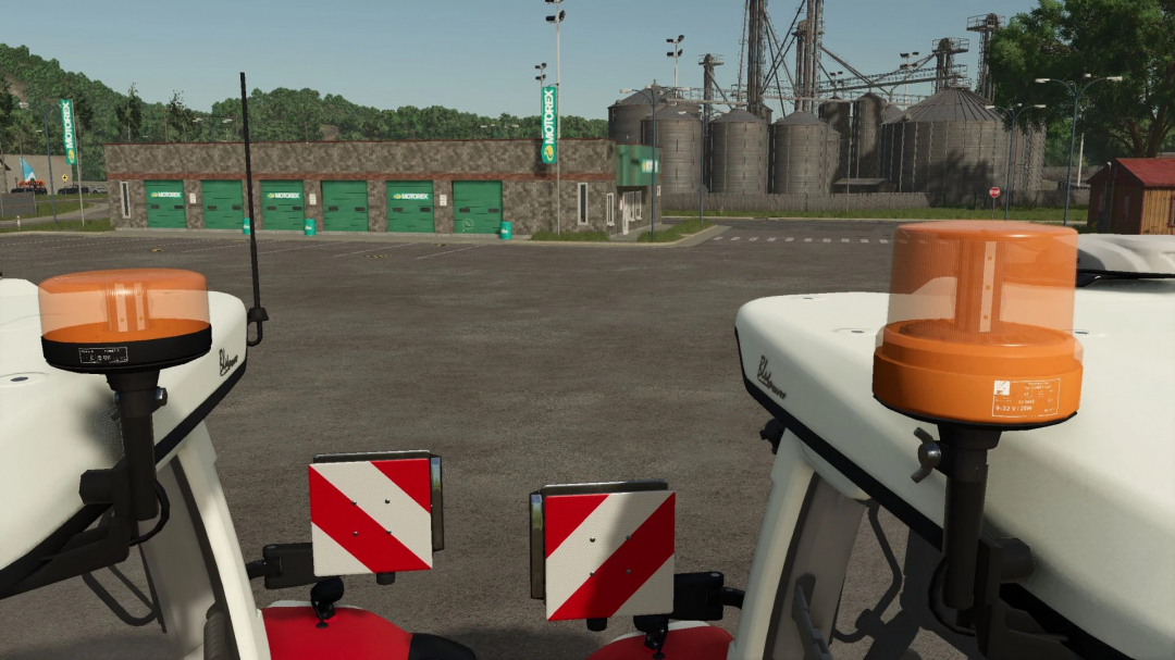 FS25 mods, TZ CCSN Pack v1.0.0.0 showing warning lights and reflectors on tractors near industrial buildings.