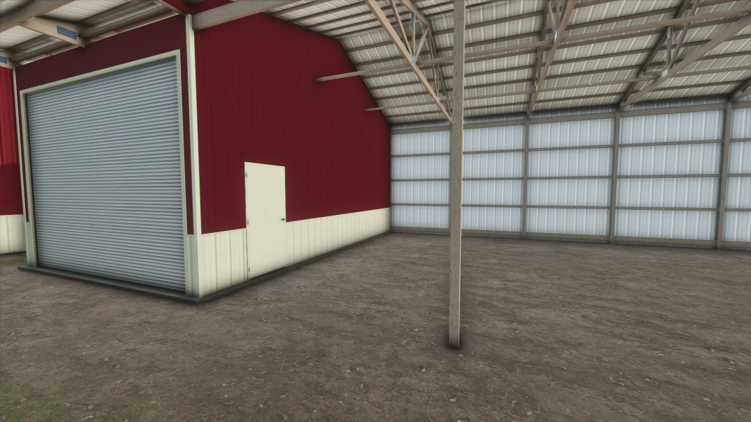 Interior of Three Side Shed Door mod in FS25, featuring a red and white design with a large roller door.