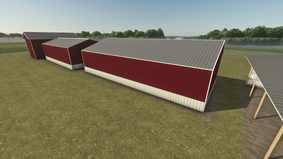 ThreeSideShed mod in FS25, showcasing a large red and white three-sided shed in Farming Simulator 25.