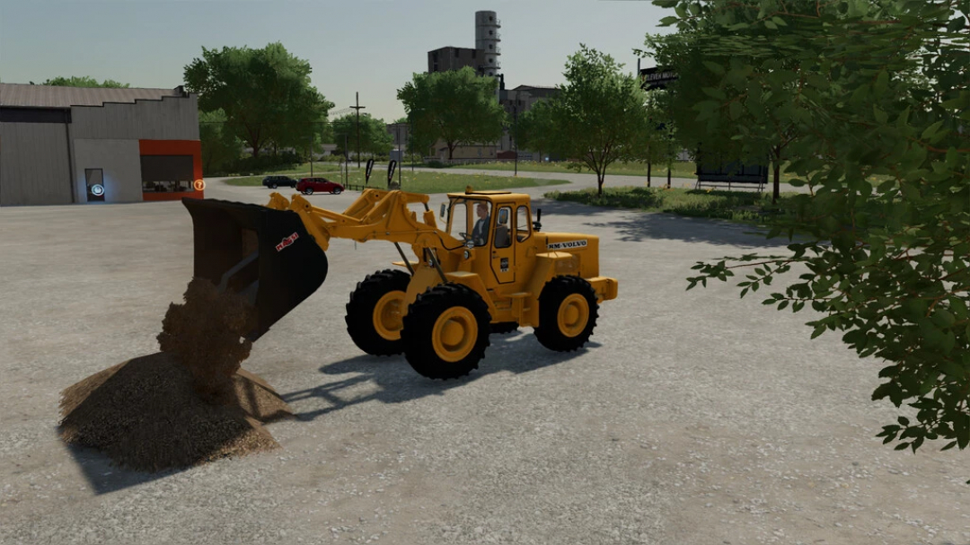 FS25 Tip Anywhere v1.0.0.0 mod showing a yellow loader dumping grain on a farmyard.