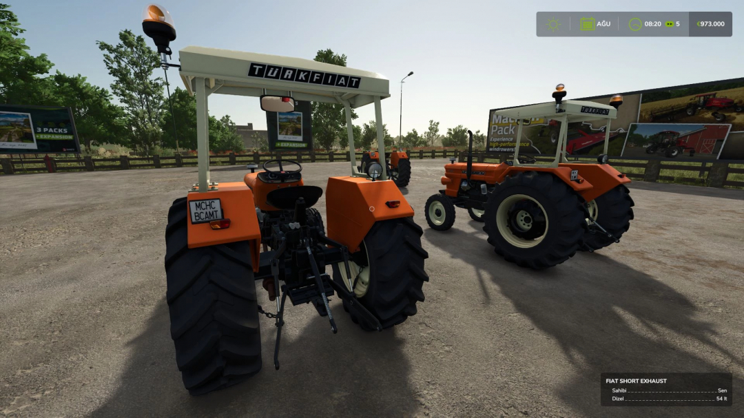 Turkish Fiat 480 tractors mod in FS25, showcasing vibrant orange design and customization features.