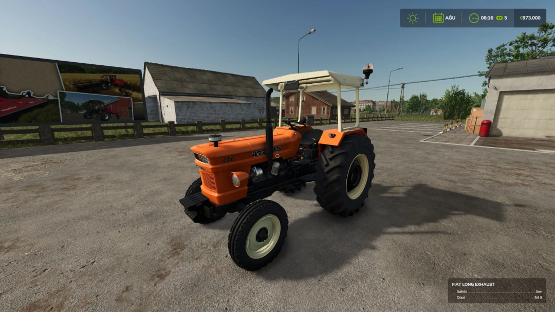 Turkish Fiat 480 tractor mod in FS25, parked in a rural setting.