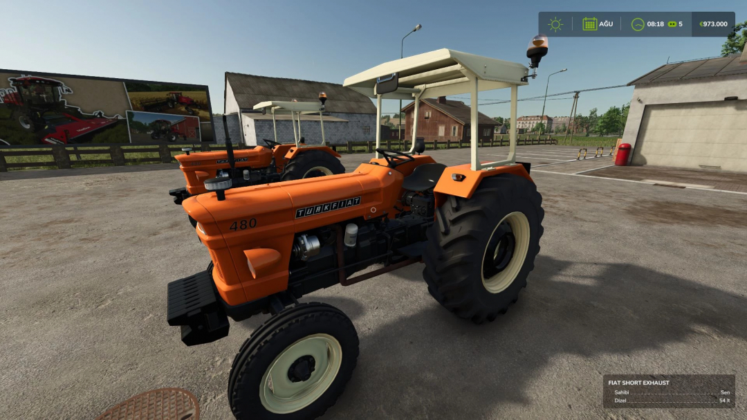 FS25 mod Turkish Fiat 480 v1.0.0.0 showcases an orange tractor in a farm setting, enhancing gameplay in Farming Simulator 25.