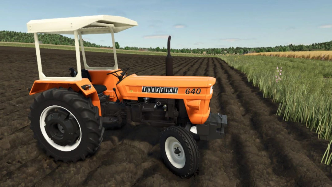 Turkish Fiat 640 tractor mod in Farming Simulator 25, showcasing an orange tractor in a field.