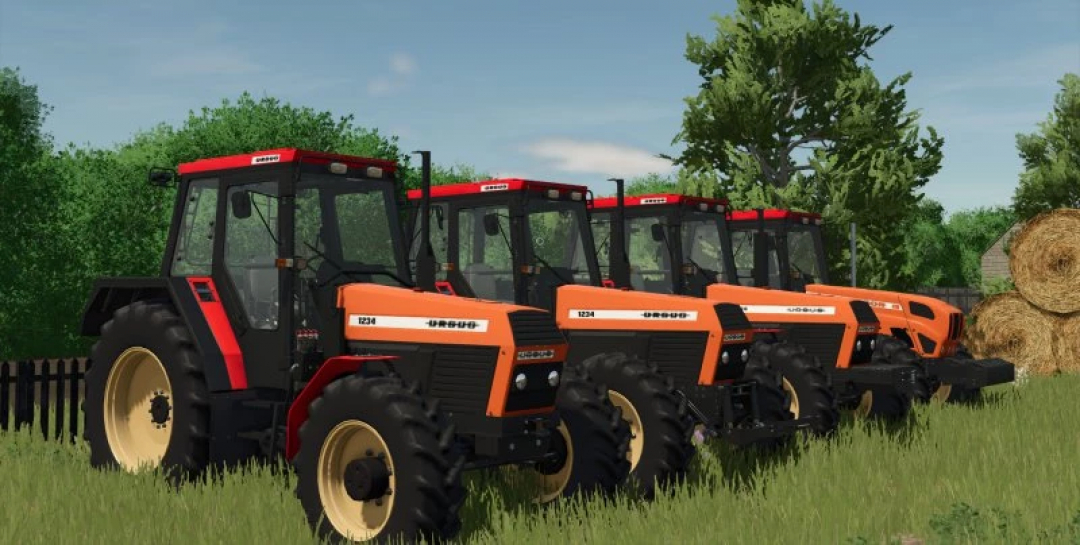 Four Ursus tractors from the FS25 mod URSUS PACK 1234-1734 v2.0.0.0 by hay bales in a field.