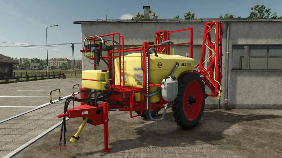 Unia Pilmet REX 2518 mod for FS25, featuring a red and yellow agricultural sprayer on a farm.