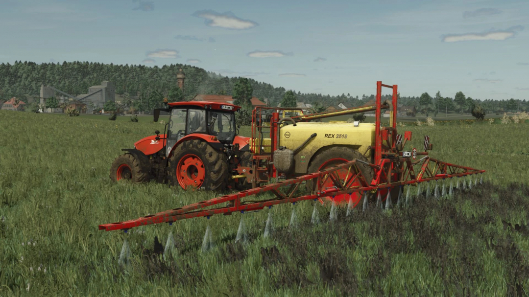 Tractor using Unia Pilmet REX 2518 mod in FS25, spraying field