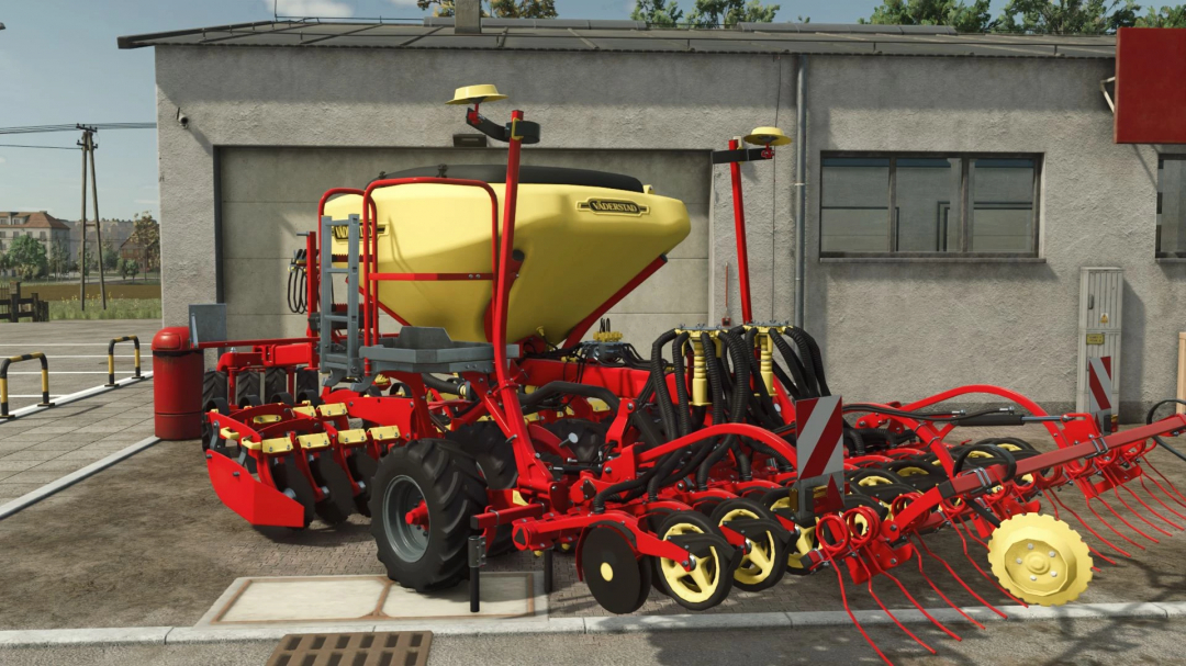 FS25 Väderstad Spirit R 300S mod, showcasing a modern seeder with red and yellow design for Farming Simulator 25.