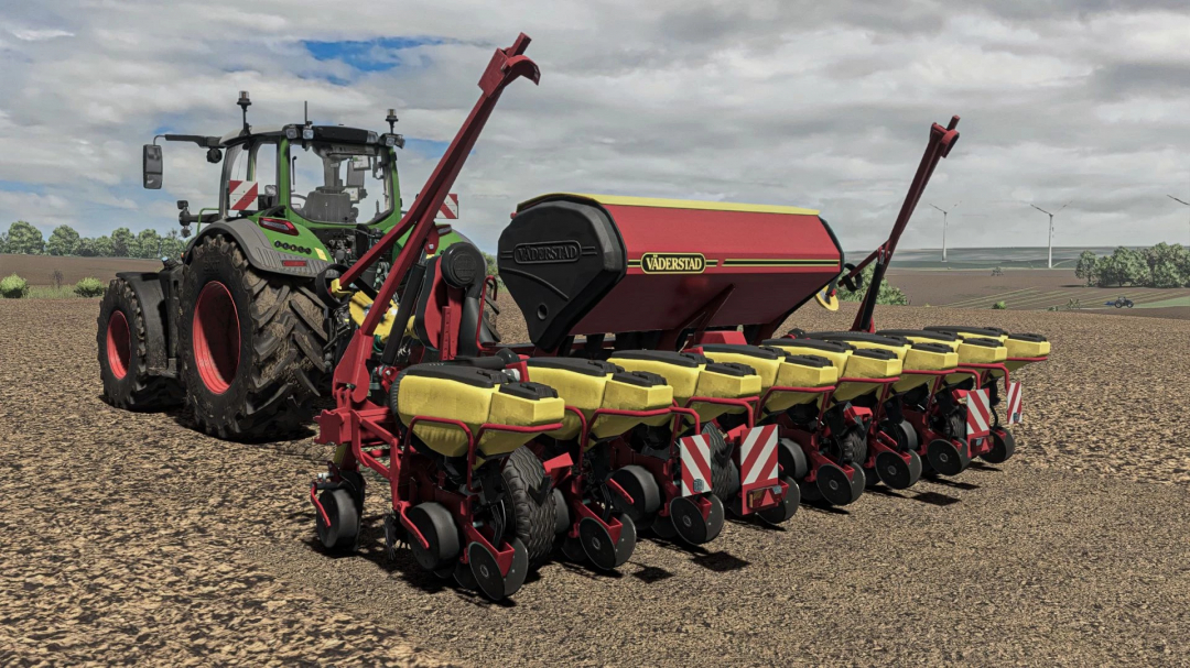 FS25 mod: Väderstad Tempo F8 planter attached to tractor in Farming Simulator 25.