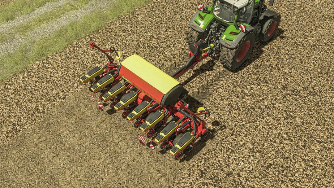 Väderstad Tempo F8 mod in action in FS25, a precision planter attached to a tractor, enhancing Farming Simulator 25 gameplay.