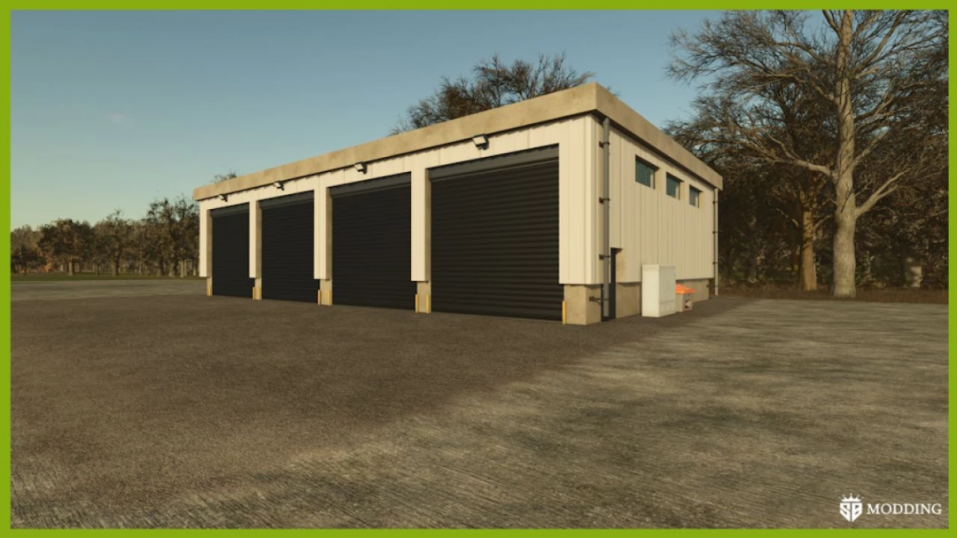 FS25 mods: Vehicle Shelter v1.0.0.0 featuring a metal garage with four black doors, surrounded by trees.