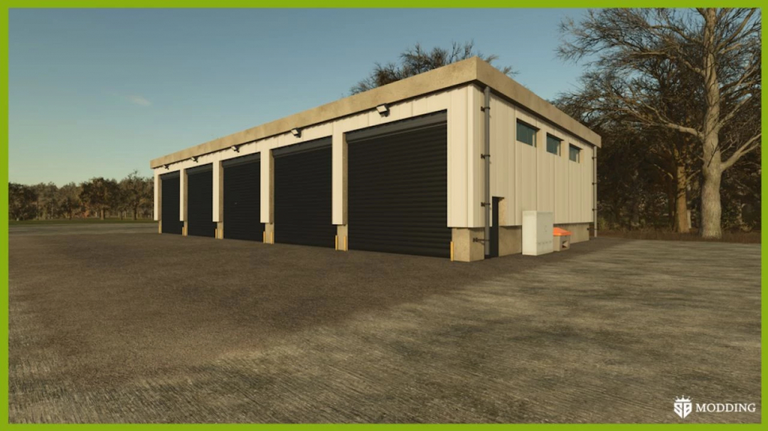 FS25 mod Vehicle Shelter v1.0.0.0 featuring a modern garage with multiple black doors set in a countryside landscape.