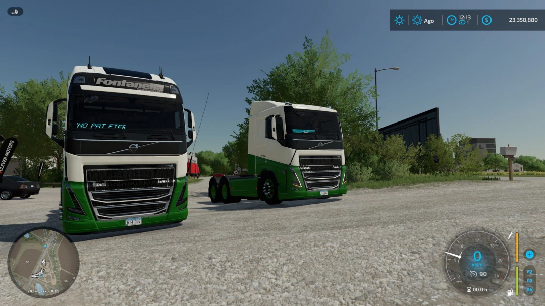 FS22 mod Volvo FH v1.0.0.0 in Farming Simulator 22, featuring two green and white trucks parked on a gravel road.