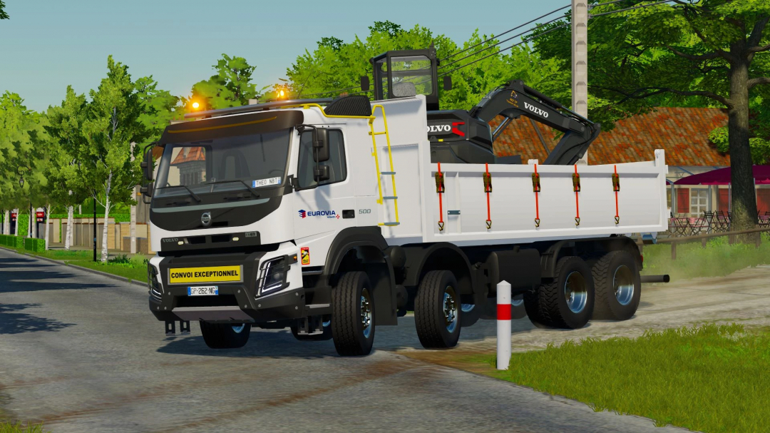 Volvo FMX Ampiroll 8x4 truck mod in FS22, driving on a rural road. Farming Simulator 22 mods showcase.