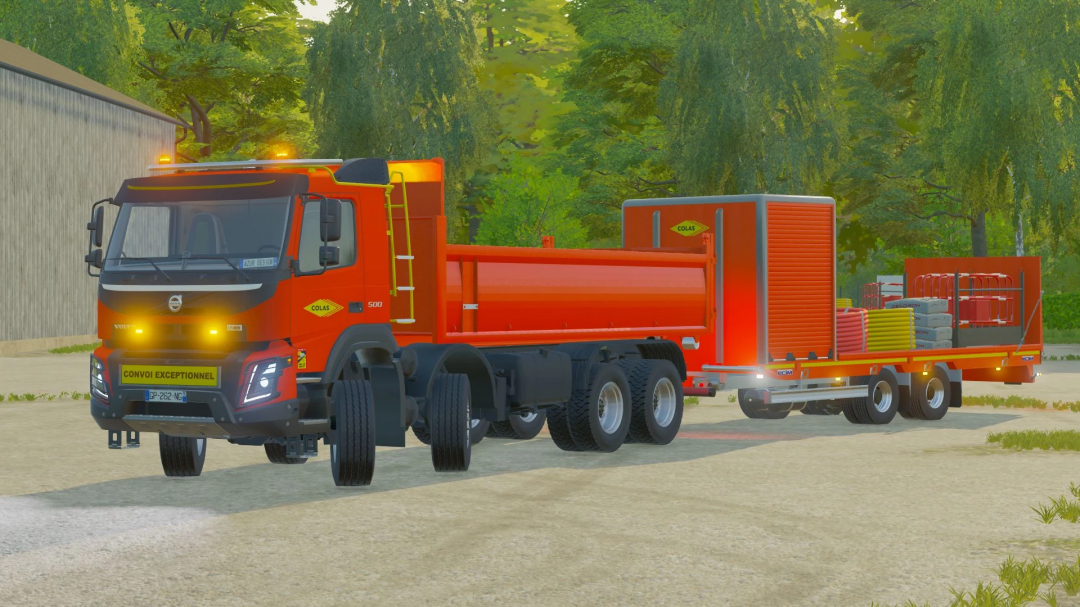 Volvo FMX Ampiroll 8x4 truck mod with trailer in FS22, showcasing farming equipment in a rural setting.