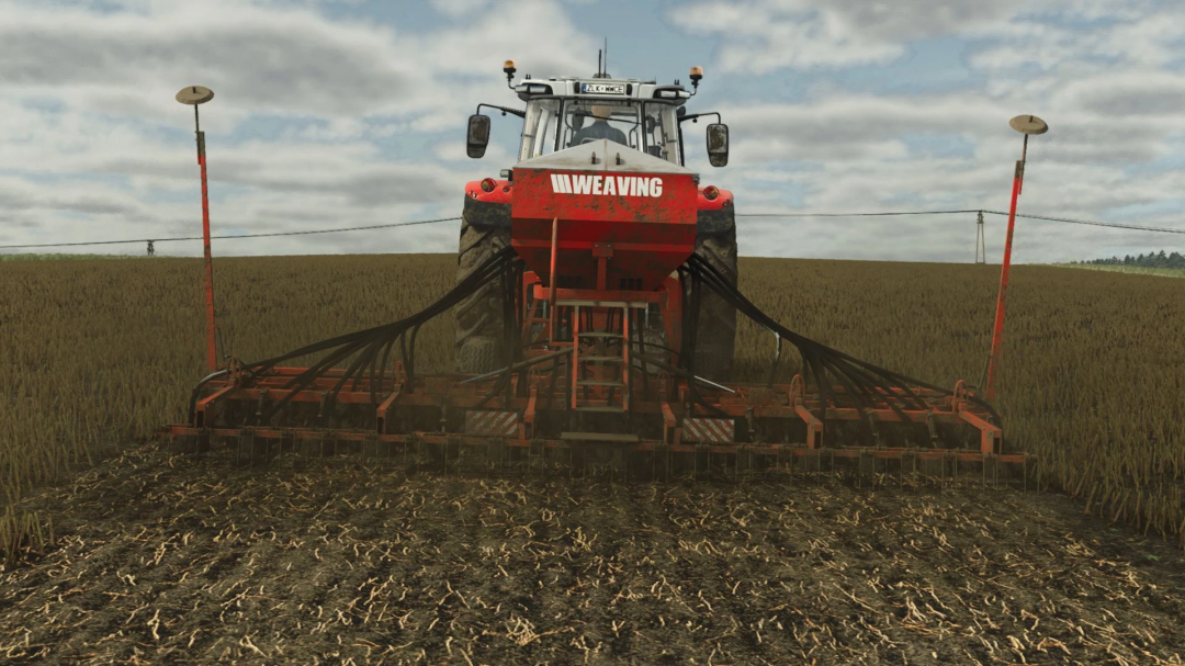 FS25 mod: Weaving Sabre Tine v1.0.0.0, rear view of red tine cultivator attached to tractor in field.