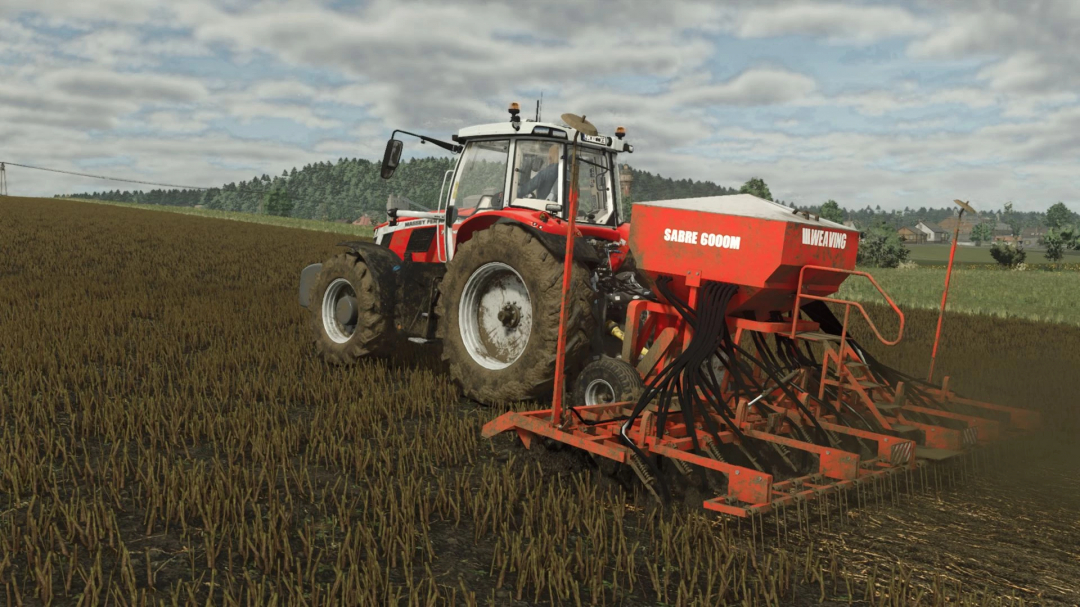 FS25 mod Weaving Sabre Tine v1.0.0.0 depicts a tractor with a red seed drill on a farm field.