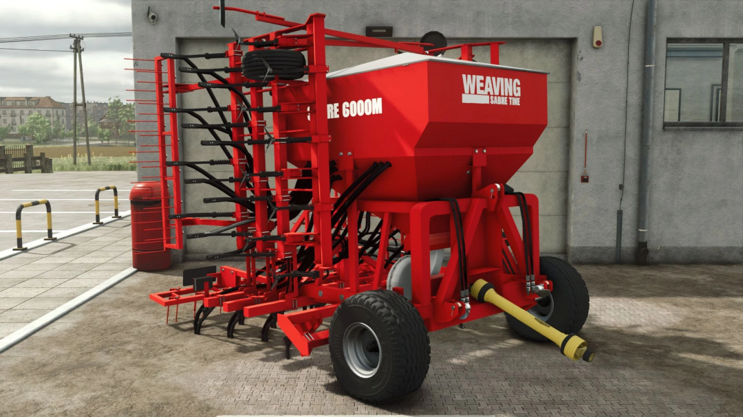 Weaving Sabre Tine mod for FS25, featuring red agricultural equipment against a building backdrop.