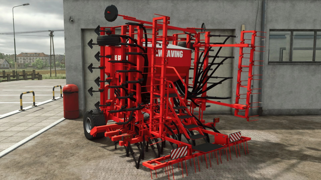 Weaving Sabre Tine mod for FS25 showcasing detailed red farming equipment against a concrete wall.