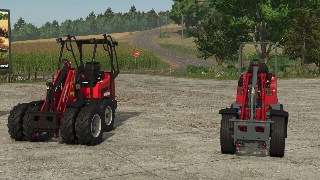 FS25 mods: Weidemann / Schäffer Loader v1.0.0.0 on a farm road in Farming Simulator 25.