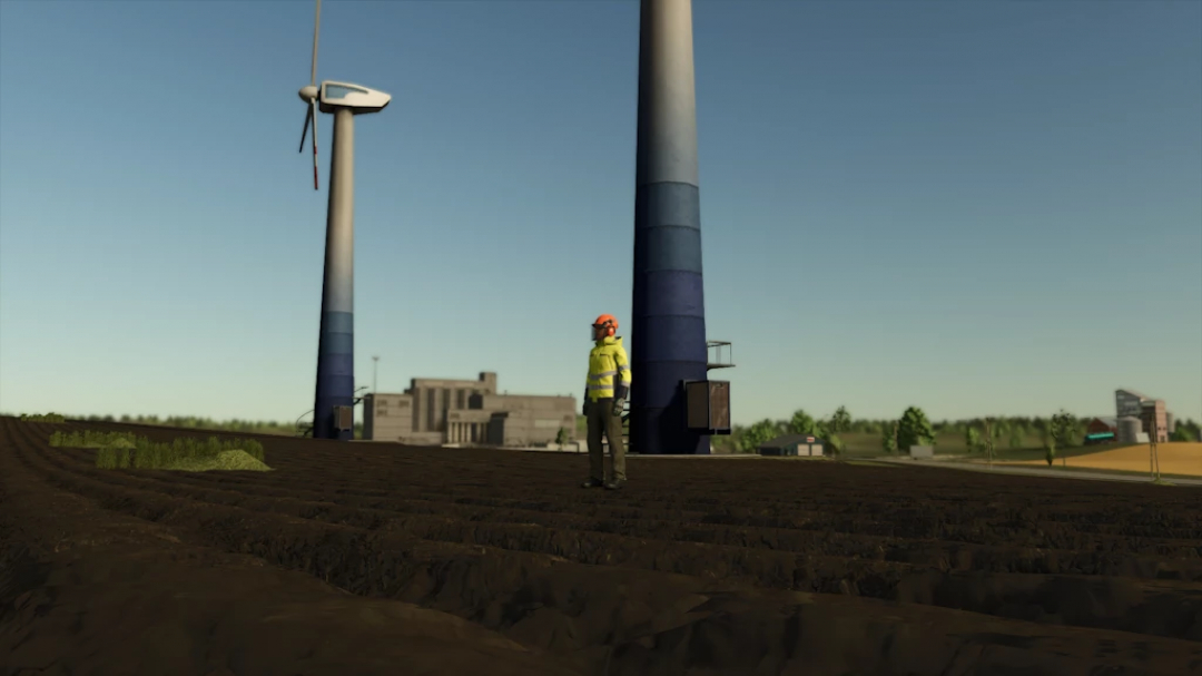 Wind Turbine 1.0.0.0 mod in FS25 with a worker standing beside turbines on a farm.