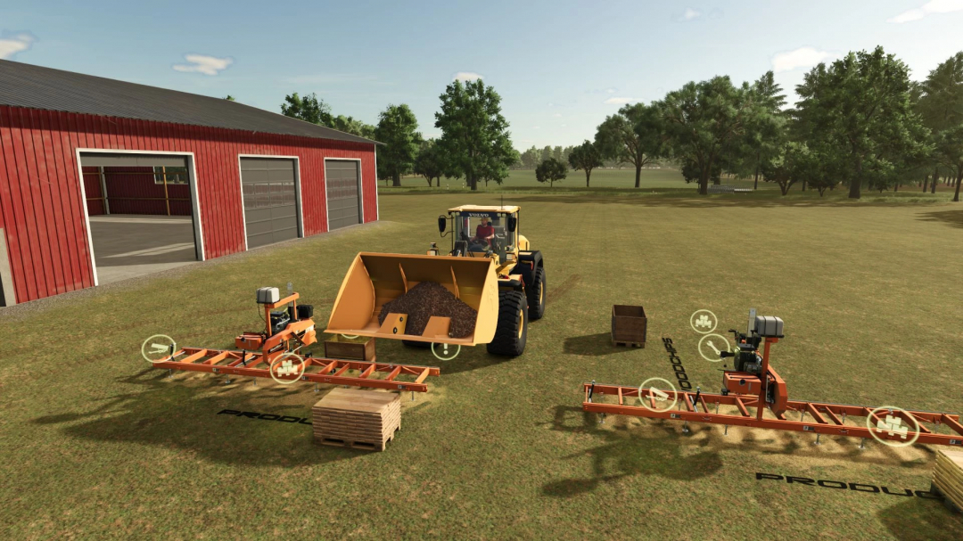 FS25 mod image showing a Woodmizer lt15 placeable wood station with a loader and red barn in the background.