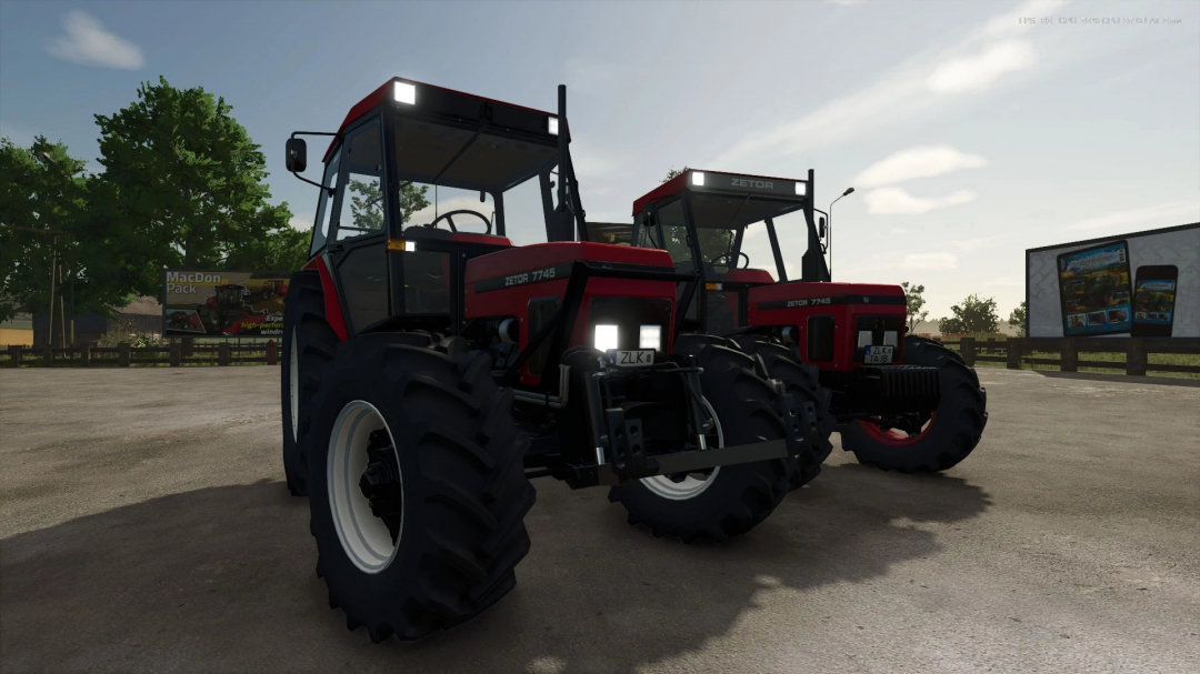 Zetor 62-7745 tractors in FS25 mod, shown in a farm setting with clear skies.