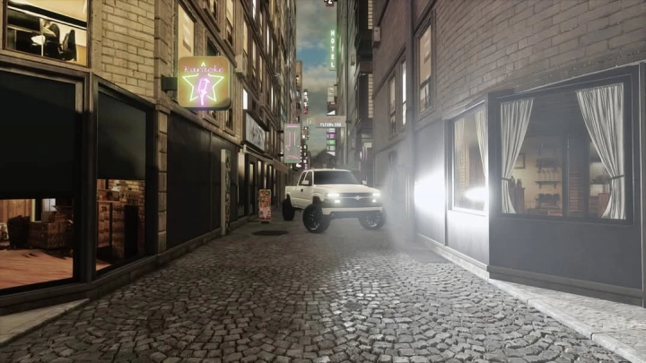 fs25-mods,  2001 Chevy Silverado mod driving through narrow alley in FS25, with buildings and neon signs around.