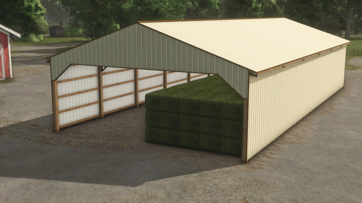 fs25-mods, 40x84 Hay Shed mod for FS25, showcasing an open-sided shed with stacked hay bales.