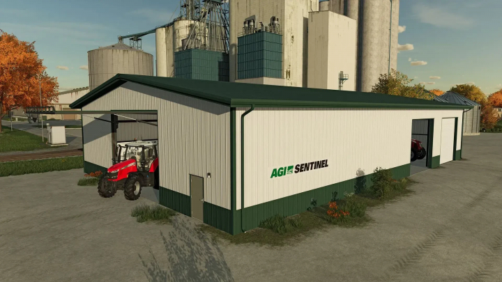 fs25-mods,  Tractor in AGI Sentinel barn from FS25 mod AGI Pack v1.0.0.0, situated near silos.