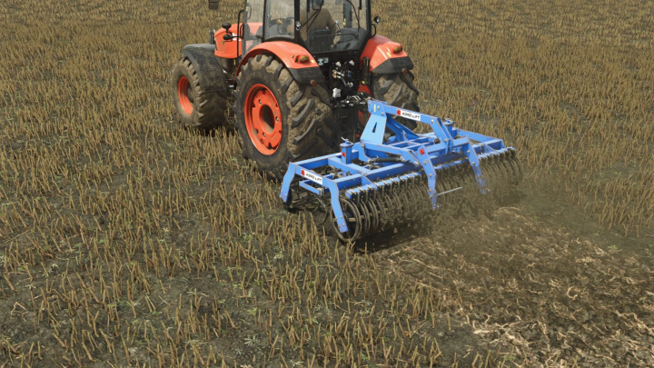 fs25-mods,  FS25 mod Agro-Lift AUS2-H v1.0.0.0 in action, attached to a tractor, tilling a field in Farming Simulator 25.