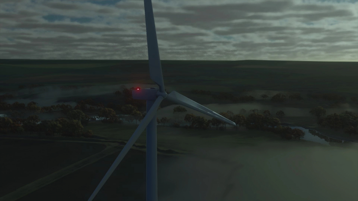 fs25-mods, American Wind Tower mod in FS25 at dusk, enhancing renewable energy simulation.