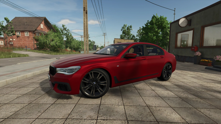 fs25-mods,  FS25 mod BMW 7 Series v1.0.0.0 in vivid red, showcased in a rural town setting in Farming Simulator 25.