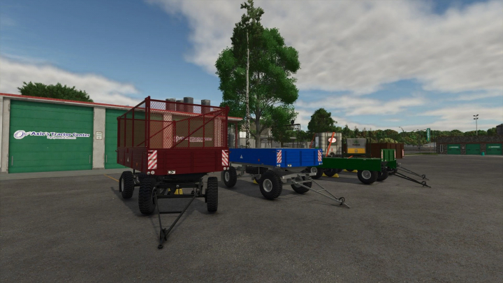 fs25-mods, FS25 mod BSS P73SH v1.0.0.0 showing red, blue, green trailers at agricultural shop