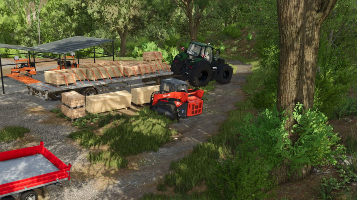 fs25-mods, FS25 mod Backyard Productions LVL2 features a tractor and forklift loading wooden pallets in a forest area.