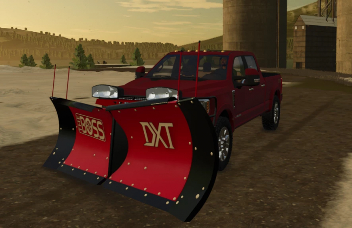 fs25-mods,  Red truck with Boss DXT V Plow mod in FS25, enhancing snow removal gameplay. Farming Simulator 25 mods.