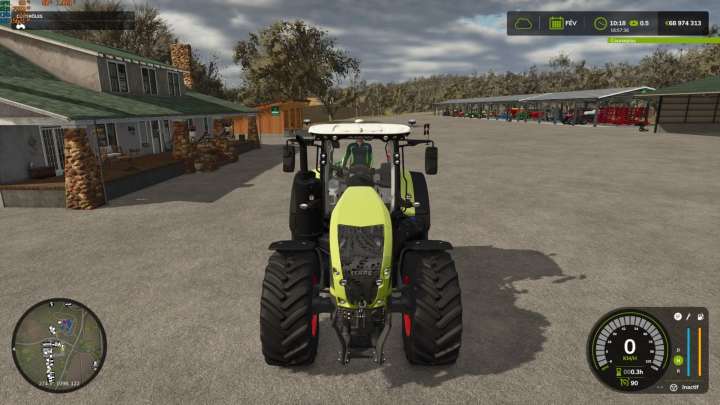 fs25-mods,  CLAAS Axion 900 tractor in FS25 mod parked near buildings, showcasing detailed dashboard and terrain. Ideal for Farming Simulator 25 mods enthusiasts.