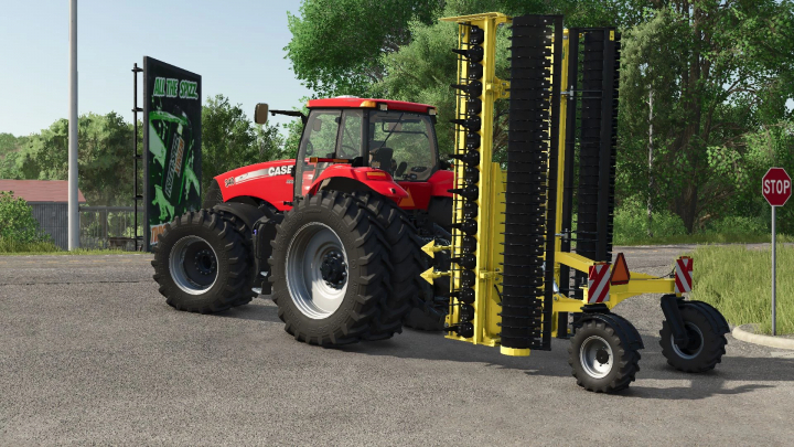 fs25-mods,  FS25 mod Case IH Magnum 2011 tractor with attachment on a rural road.