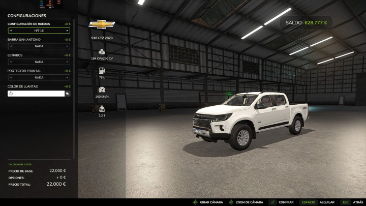 fs25-mods,  Chevrolet S10 mod in Farming Simulator 25, showcasing vehicle options and specifications in a garage setting.