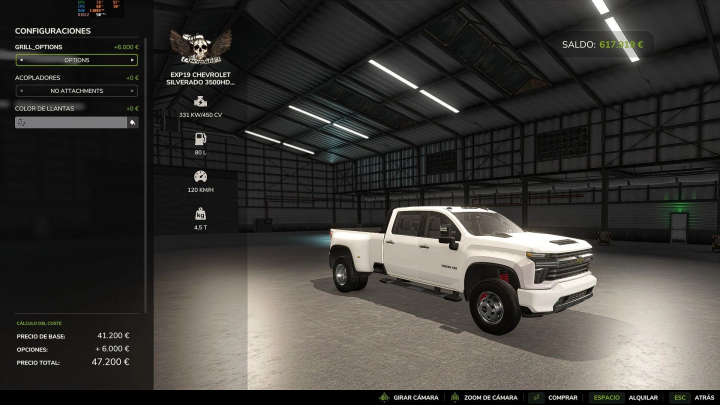 fs25-mods,  Chevrolet Silverado 2500 2020 mod in FS25 showing vehicle customization options and specs in a garage interface.