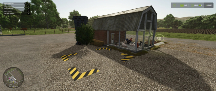 fs25-mods,  FS25 mods Chicken Coop v1.0.0.0 with fenced area and chickens inside, surrounded by fields and trees in Farming Simulator 25.