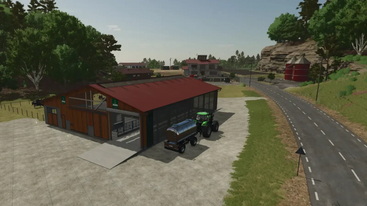 fs25-mods,  FS25 mod Cowshed with More Cows showing a barn, tractor, and tank in a rural setting.