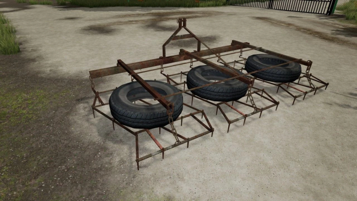 fs25-mods,  FS25 mod Cultivator with tires v1.0.0.0, featuring three tires on a metal frame for Farming Simulator 25.