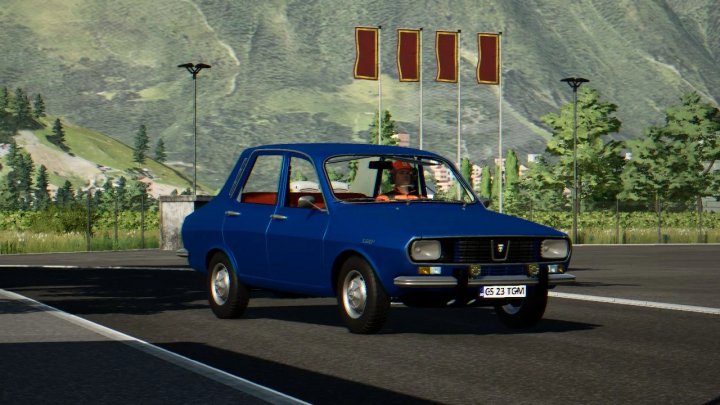 fs22-mods,  FS22 mod Dacia 1300 v1.0.0.0 showcased on a road with mountain backdrop in Farming Simulator 22.