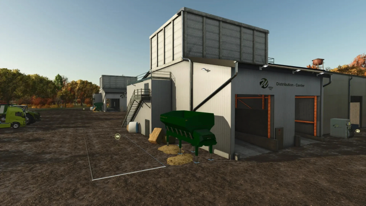 fs25-mods,  DriveIn Distribution Center mod for FS25, featuring a central unloading point with trucks and storage, enhancing gameplay realism.