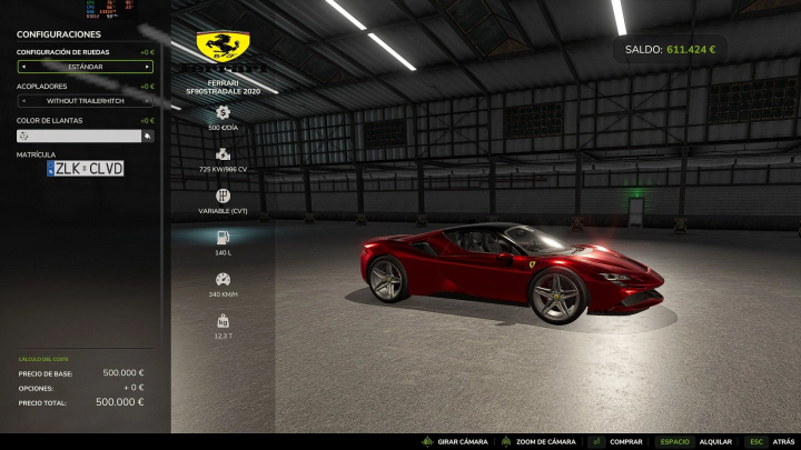 fs25-mods,  FS25 mod Ferrari SF90 Stradale in-game view, featuring customizations and specs in Farming Simulator 25.