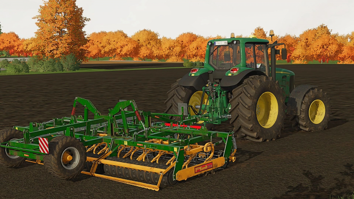 fs22-mods,  FS22 mod Framest Frakomb 6000 v1.0.0.0: tractor pulling green and yellow cultivator on a farm in autumn.