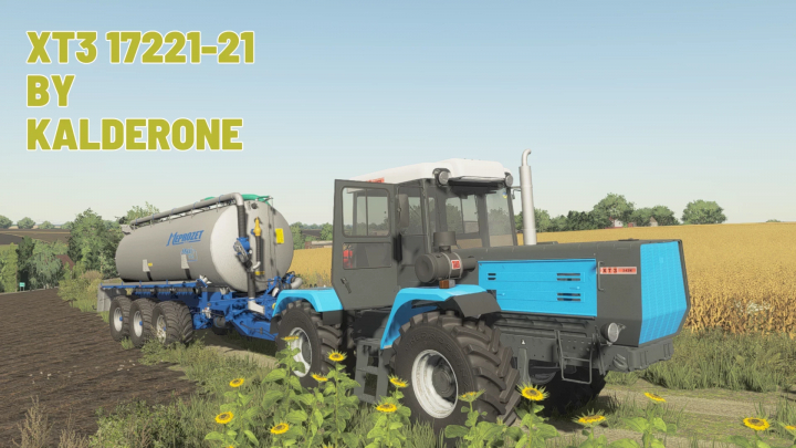 fs25-mods, HTZ 17221-21 tractor mod by Kalderone in FS25 with blue and gray design, towing a tanker in a farm field.